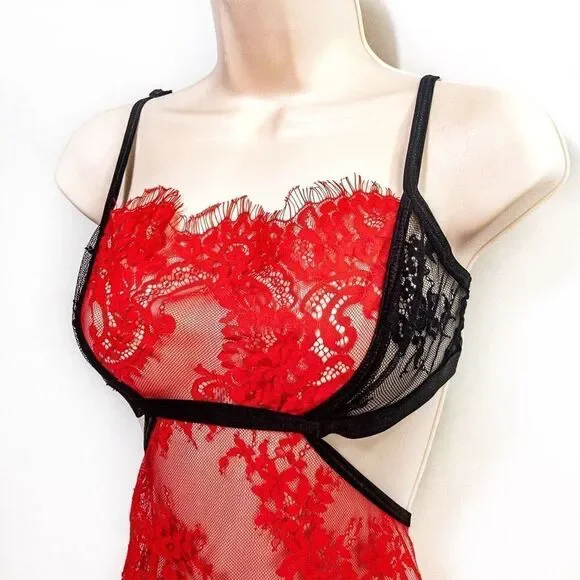 Lacey Red Sweetheart Chemise & Sheer Thigh Highs Sz L - Picture 3 of 14